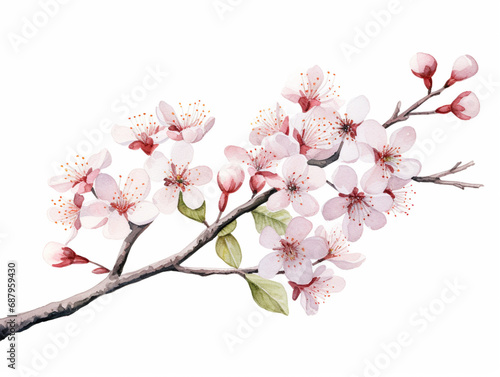 Sakura Branch in Bloom with Green Leaves. Illustration of Blooming Sakura Cherry Flower Branch with Leaf Isolated on White.