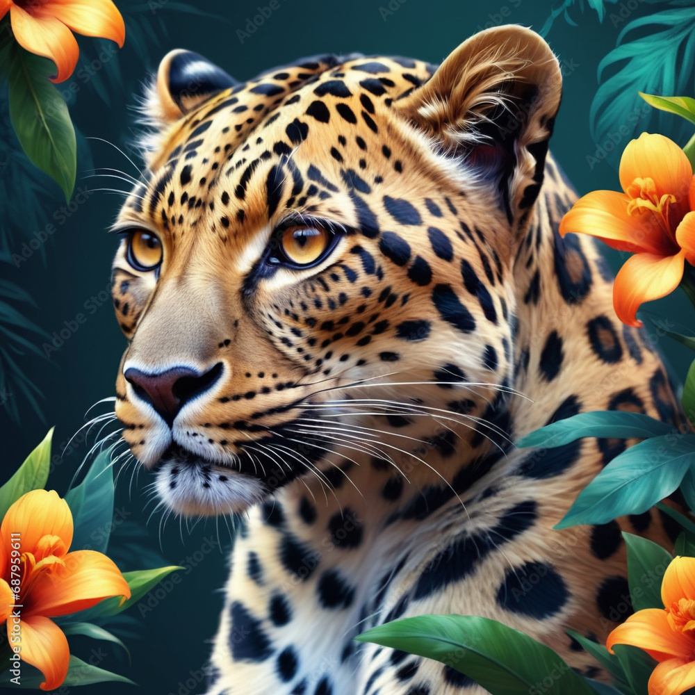 Fototapeta premium illustration of a portrait of a leopard, exotic flowers planty background, ready to print, digital art 