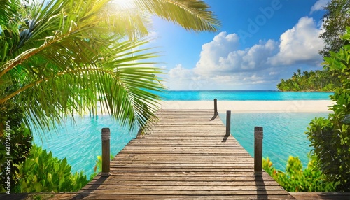 wooden dock with tropical background
