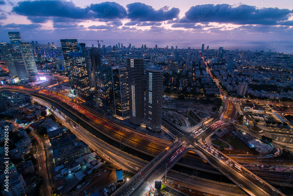 Tel Aviv aerial view. Evening panorama of the modern city with skyscrapers
