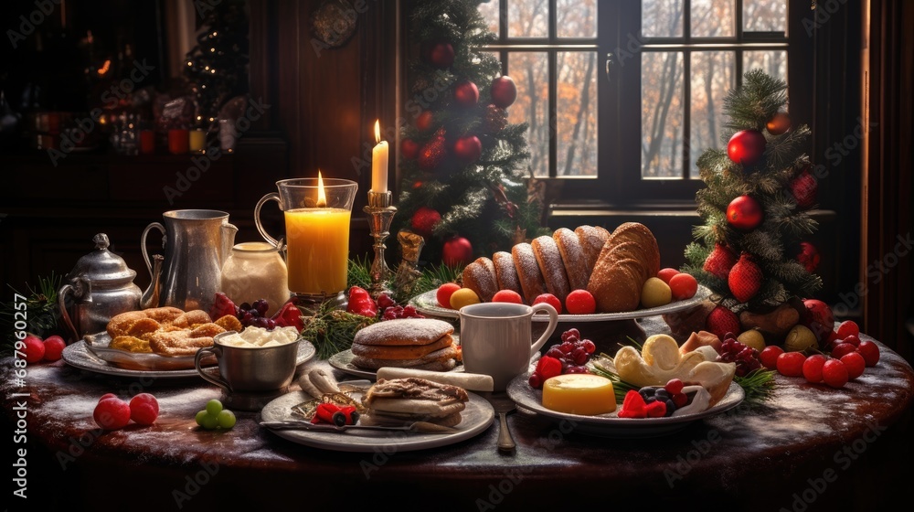 christmas table setting with sweets and desserts