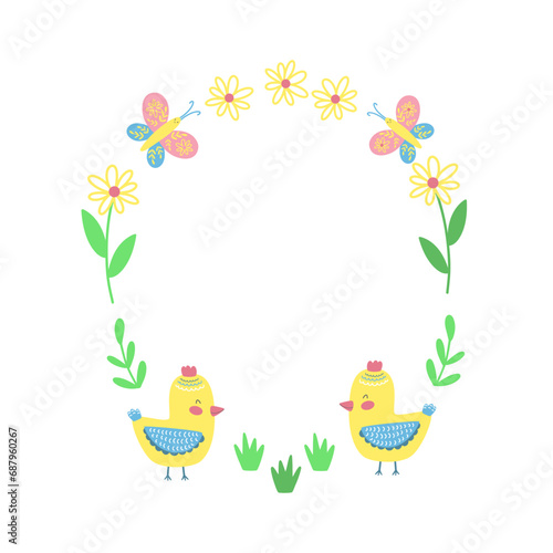 Easter frame with little cute hen with flowers and buterfly. Happy Easter decor. Vector illustration.