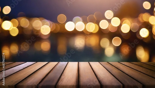 empty brown wooden floor or wood board table with blurred abstract night light bokeh background copy space for display of product or object presentation generative ai