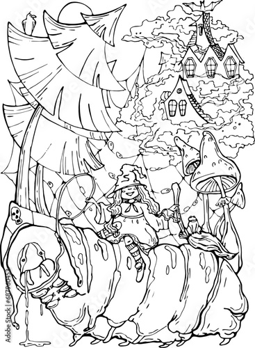 vector illustration coloring book,a little with riding a big goose among firs and fli mushrooms,against the backdrop of a mysterious castle,postcard,book