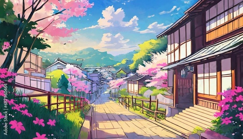 beautiful calm relaxing japanese asian streets digital painting manga anime style peaceful illustration of empty village city atmospheric cozy landscape cityscape cartoon digital artwork