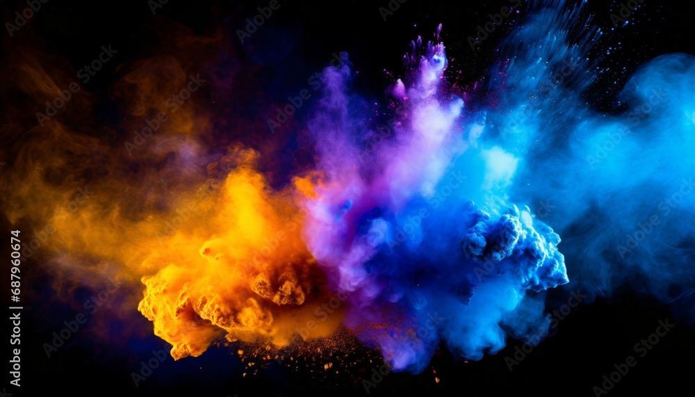 bluish smoke cloud of colored powder images in the style of bright orange purple and blue colors video glitches high quality photography colorful explosions striking composition psychedelic sur
