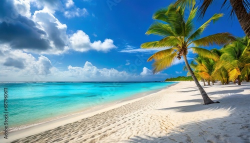 tropical white sand beach with coco palms and the turquoise sea on caribbean island