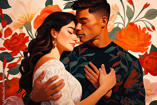 Illustration that highlights the beauty of diversity by featuring a multiracial couple embracing each other against a simple backdrop