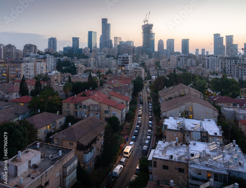 Israeli residential district. Tel Aviv skyline