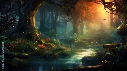 Enchanted forest scene with mystical river and lush flora. Fantasy and imagination. © Postproduction