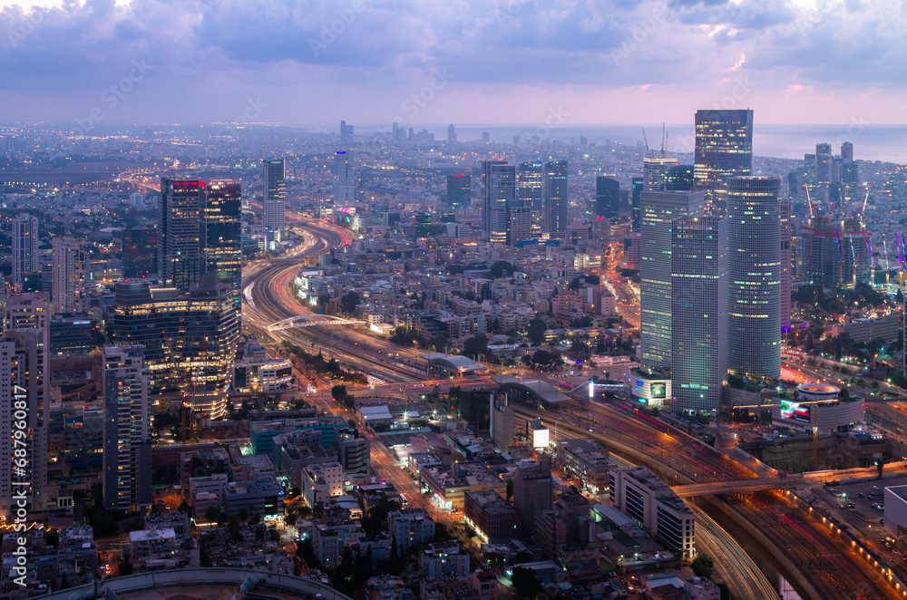 Fototapeta premium Evening Tel Aviv aerial view. Ayalon highway