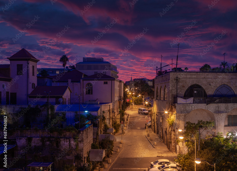 Jaffa, Tel Aviv, Israel. Evening street vith sunset