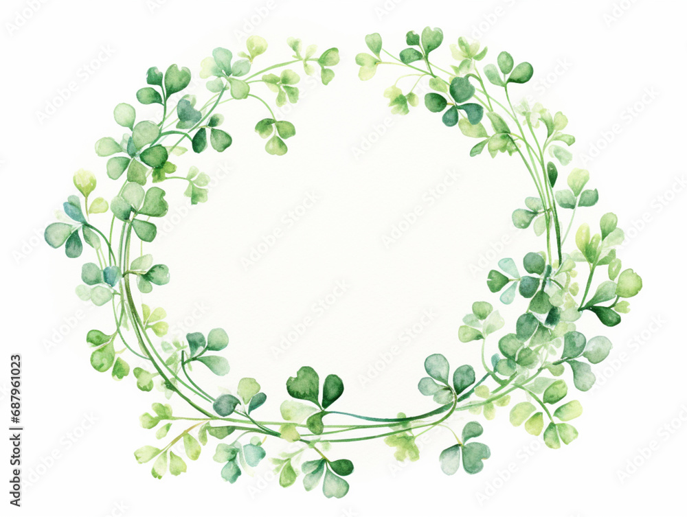 St Patricks Day Background with Shamrock, Circle Banner with Lucky Clover Leaves. Watercolour Illustration of Clover Wreath Isolated on White. St Patricks Day Background with Shamrock, Circle Banner with Lucky Clover Leaves. Watercolour Illustration of Clover Wreath Isolated on White.