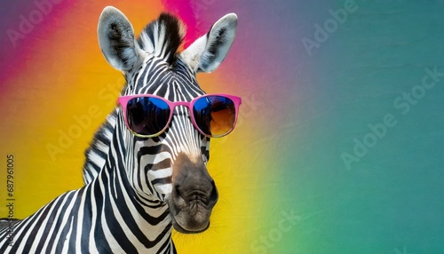 funny zebra wearing sunglasses in studio with a colorful and bright background generative ai