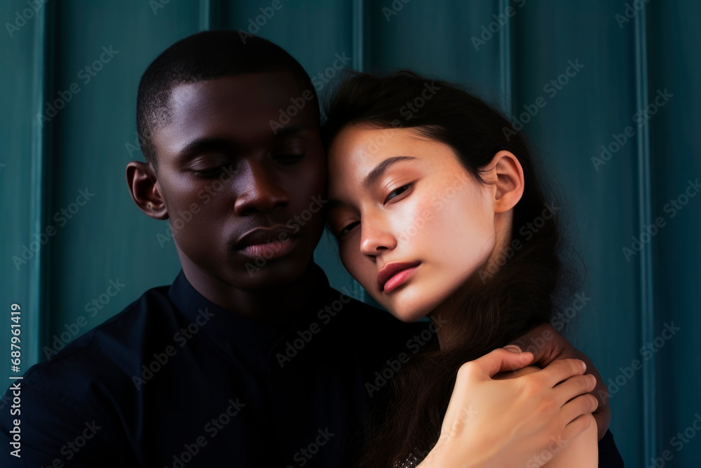 Beauty of diversity by featuring a international couple embracing each other against a simple backdrop Beauty of diversity by featuring a international couple embracing each other against a simple backdrop