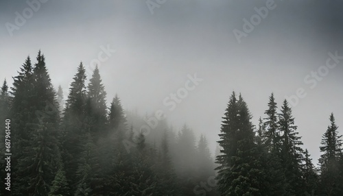 the dramatic wall fir tree forest against the gray sky in the fog for creative background © Nichole