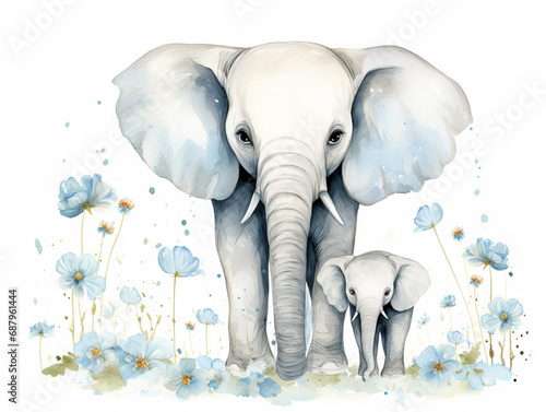 Big African elephant and small baby elephant. Watercolor illustration of a mum and baby elephant  isolated on a white background. Animals of Africa and Asia.