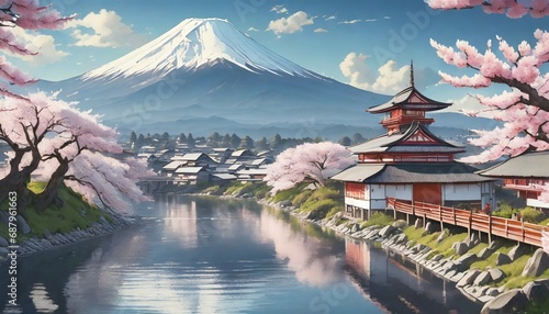 a beautiful japanese village town in the morning buddhist temple shinto at sea river cherry blossom sakura growing anime comics artstyle mount fuji in background 16 9 4k resolution generative ai photo