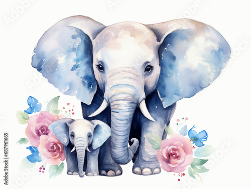 Big African elephant and small baby elephant. Watercolor illustration of a mum and baby elephant, isolated on a white background. Animals of Africa and Asia.