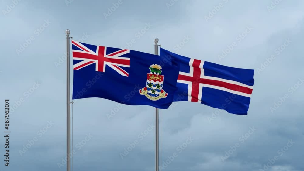 Iceland and Cayman Islands flag waving together on cloudy sky, endless seamless loop, two country cooperation concept Iceland and Cayman Islands flag waving together on cloudy sky, endless seamless loop, two country cooperation concept