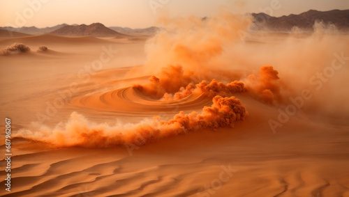 Swirling Orange Haze on Desert Sand with Defocused Ember Smoke.