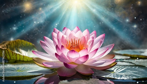 beautiful pink water lily or lotus radiant flower with rays of light enlightenment and universe magic spa and relaxation atmosphere concept of religion kundalini and meditation
