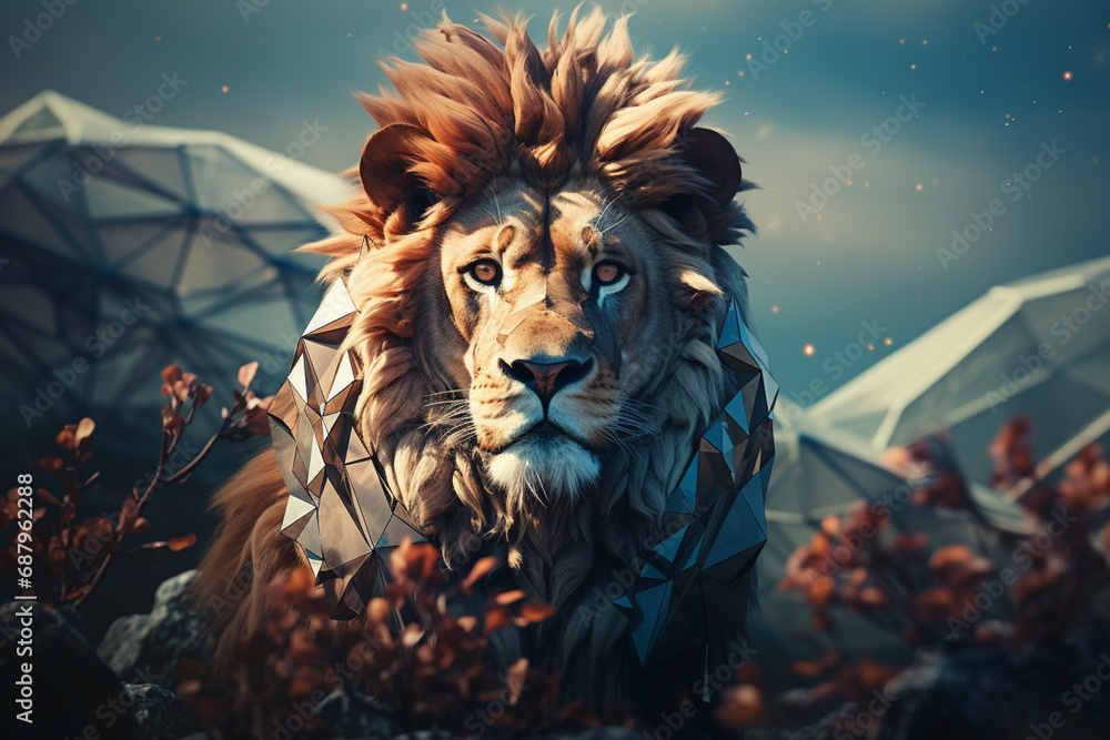 A whimsical illustration featuring a cubic lion, its geometric form adding a playful touch to the majestic creature.