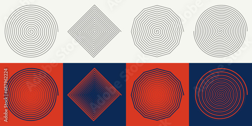 Abstract hypnotic circles and shapes are isolated on a background. The design features editable stroke psychedelic spiral lines and a geometric twirl spiral collection. Vector illustration