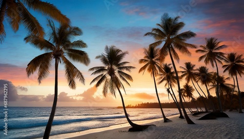 beautiful tropical beach with palm trees silhouettes at dusk