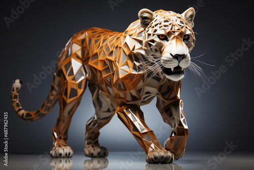 A dynamic illustration of a cubic cheetah in mid-stride, its sleek form accentuated by angular lines and geometric patterns. photo