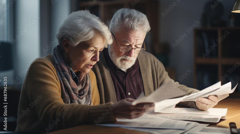 Elderly couple studying documents. Elderly couple studying documents.