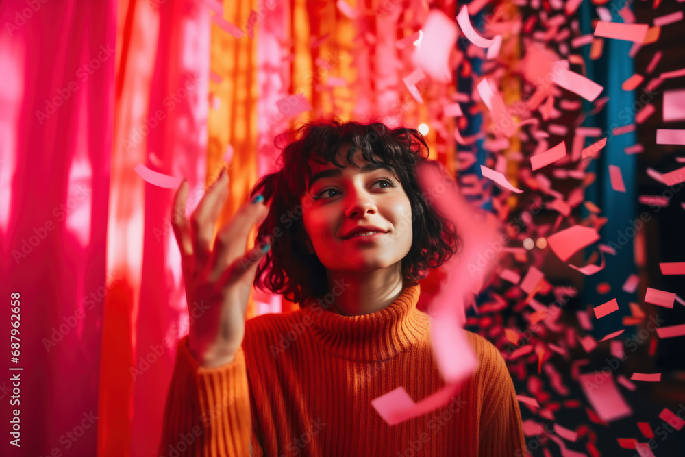 Fictional happy young woman wearing a knitted orange colored knitted turtleneck jumper enjoying New Year's Eve in a nightclub with confetti flying around her. Fictional happy young woman wearing a knitted orange colored knitted turtleneck jumper enjoying New Year's Eve in a nightclub with confetti flying around her.