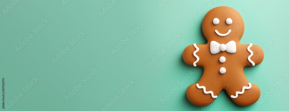 Close up of Christmas gingerbread on green background. Copy space on left. Design element for Christmas and New Year. Top view.