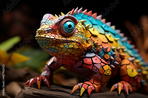 A playful depiction of a cubic chameleon  showcasing its ability to blend into its surroundings through a colorful and geometric camouflage.