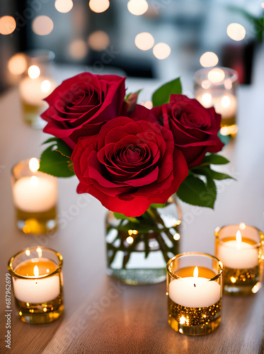 Detailed cozy atmosphere with hearts champagne roses.