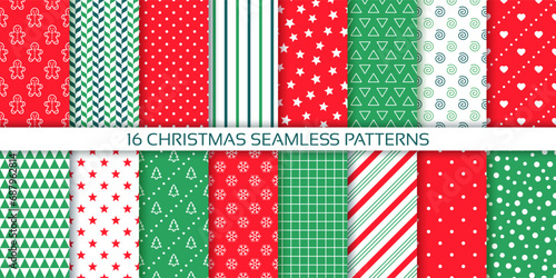 Merry Christmas patterns. Seamless background. Xmas textures with candy cane stripes, zig zag, polka dots and check. Red green print for wrapping paper. Festive New year backdrops. Vector illustration