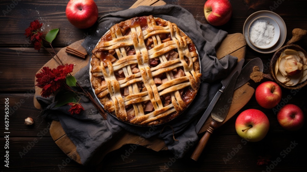 Freshly baked apple pie on rustic wooden table with ingredients. Culinary arts and desserts. Freshly baked apple pie on rustic wooden table with ingredients. Culinary arts and desserts.