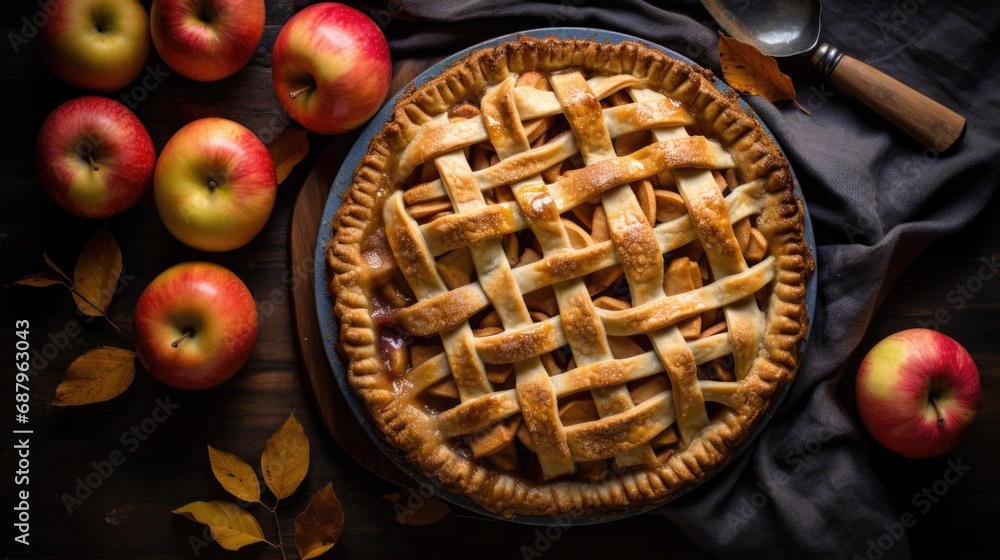 Freshly baked apple pie with lattice crust on rustic table. Homemade dessert. Freshly baked apple pie with lattice crust on rustic table. Homemade dessert.