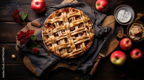 Freshly baked apple pie on rustic wooden table with ingredients. Culinary arts and desserts.