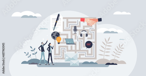 Challenges and complexities of business communication tiny person concept. Agreement or deal closure process with customer discussion maze vector illustration. Sales conversation and management work.