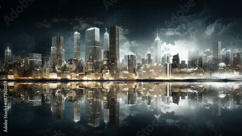 Cityscape with buildings made entirely of reflective, crystalline structures