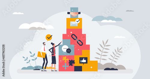 Building blocks of effective communication in business tiny person concept. Professional marketing strategy and company interaction with target customers for engagement efficiency vector illustration