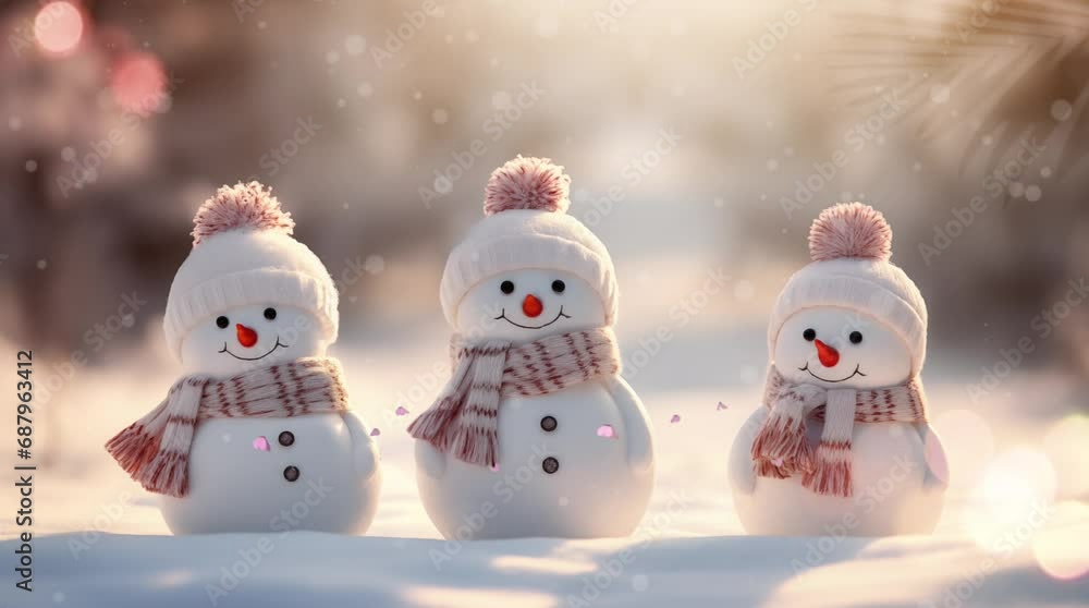 Cute baby snowman in winter landscape with scarf. seamless looping video animation 4k Cute baby snowman in winter landscape with scarf. seamless looping video animation 4k