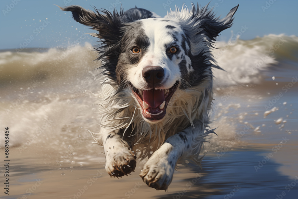a dog on the beach, wet just out of the water, running towards the camera. Generative AI a dog on the beach, wet just out of the water, running towards the camera. Generative AI