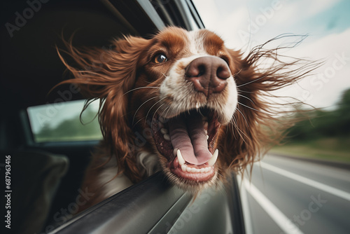 a dog sticking his head out of the car window enjoying the ride. Generative AI