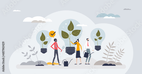 Sustainable innovation and smart ecological business tiny person concept. Green, sustainable and nature friendly company development with innovative investment vector illustration. Growth or progress