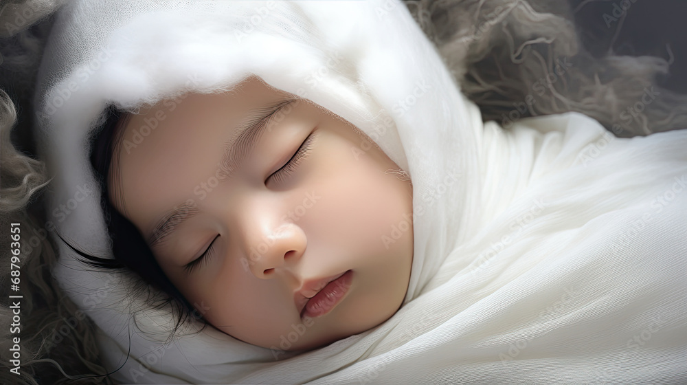 Asian newborn baby sleeps in bed wrapped in a fluffy white blanket.
