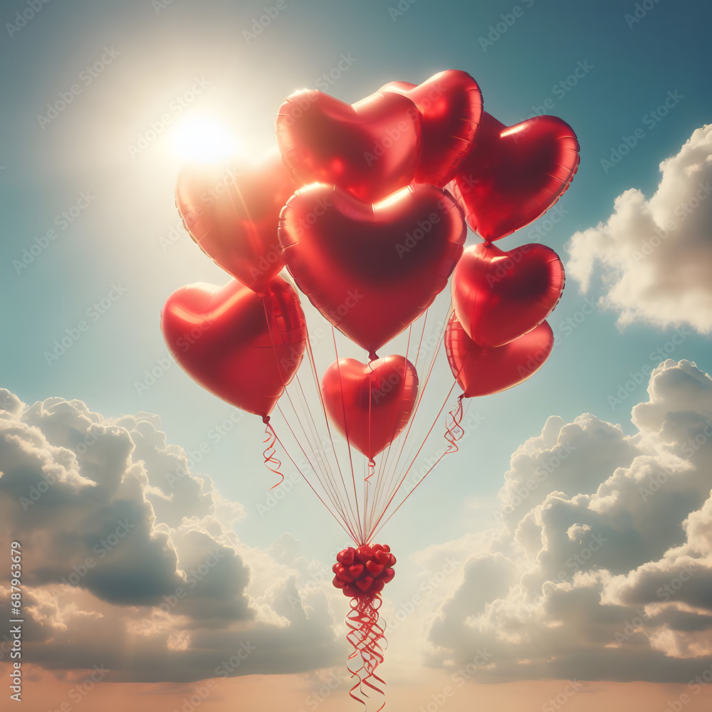 Fototapeta premium red heart-shaped helium balloons floating in the air with a cloudy sky in the background. Generative AI