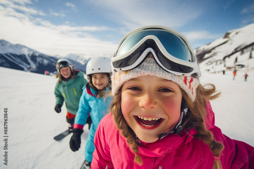 Winter sport happy girl, child and friends selfie portrait on snow mountains landscape Winter sport happy girl, child and friends selfie portrait on snow mountains landscape