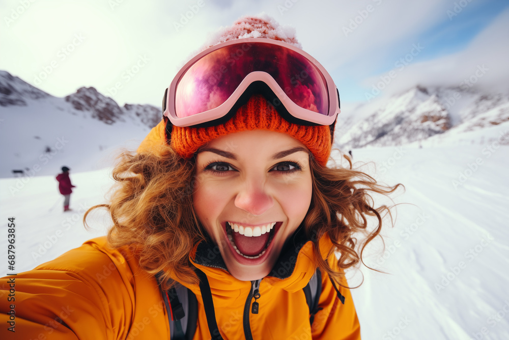 Winter sport smiling young woman selfie portrait against snowy mountains landscape Winter sport smiling young woman selfie portrait against snowy mountains landscape